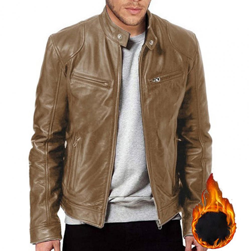 Men Jacket Solid Color Stand Collar Zipper Long Sl Kolor brązowy