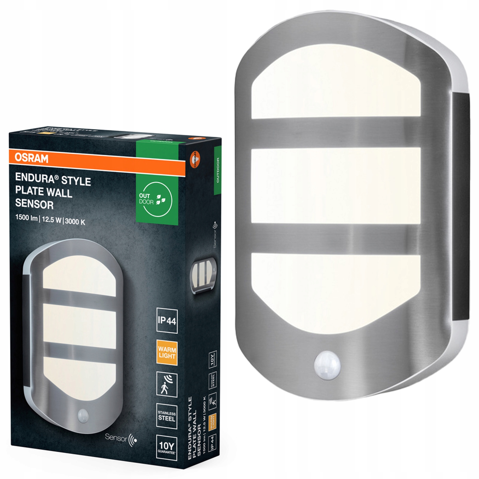 Záhradná nástenná lampa Led Snímač pohybu súmraku 12.5 W 3000K IP44 Endura