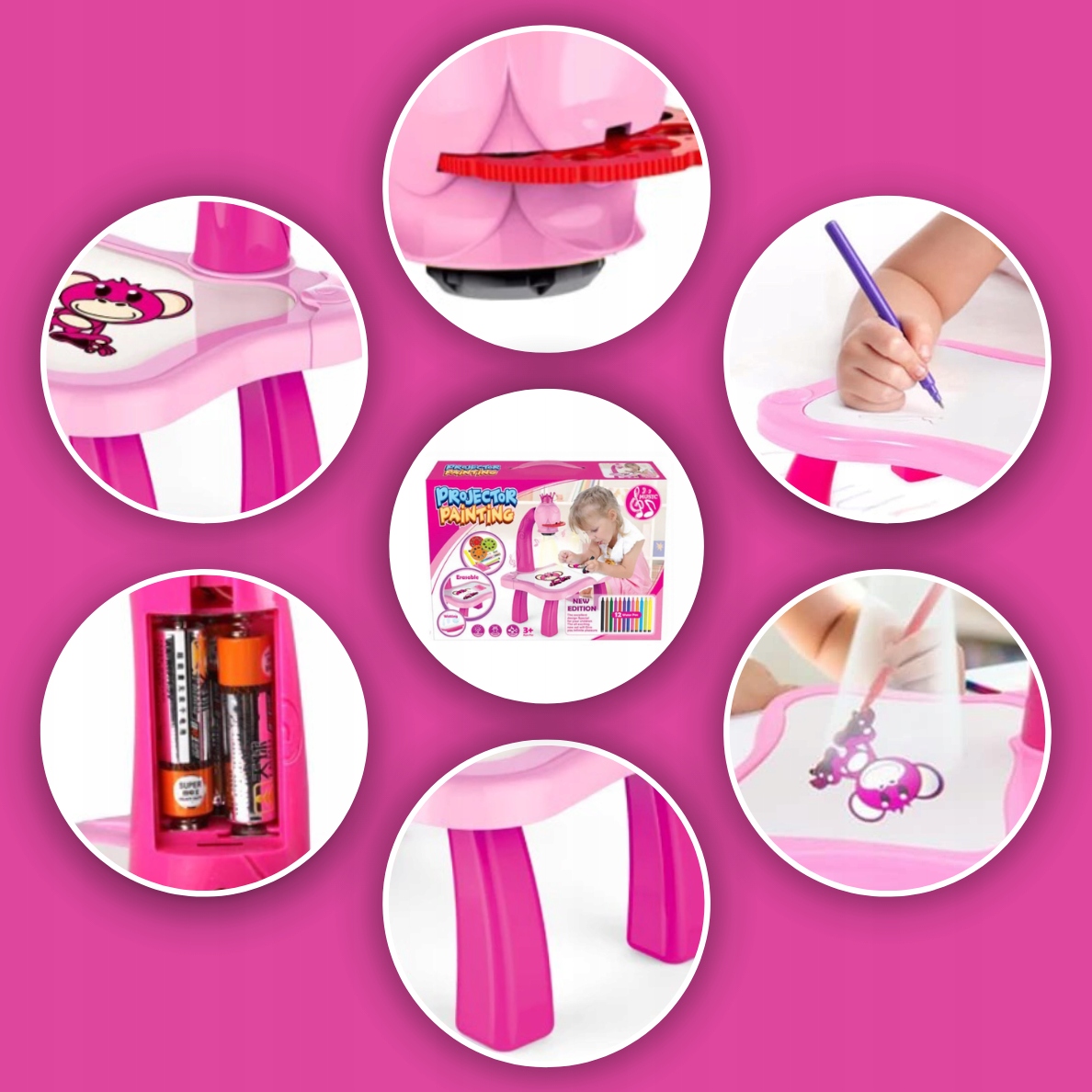 PROJEKTOR RZUTNIK DO NAUKI RYSOWANIA KREATYWNY RÓŻOWY DLA DZIECI PREZENT Szerokość produktu 25 cm