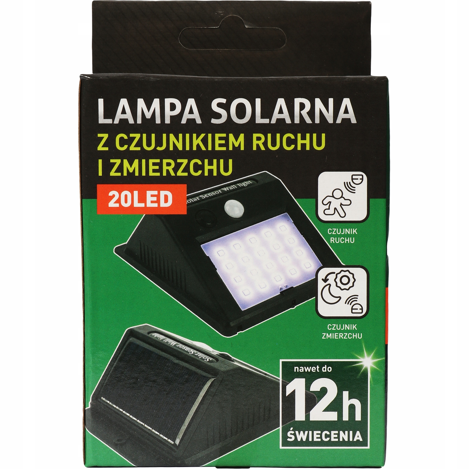 LAMPA SOLARNA 20LED Z CZUJNIKIEM ZMIERZCHU I RUCHU ogrodowa na TARAS ogród Kolor czarny