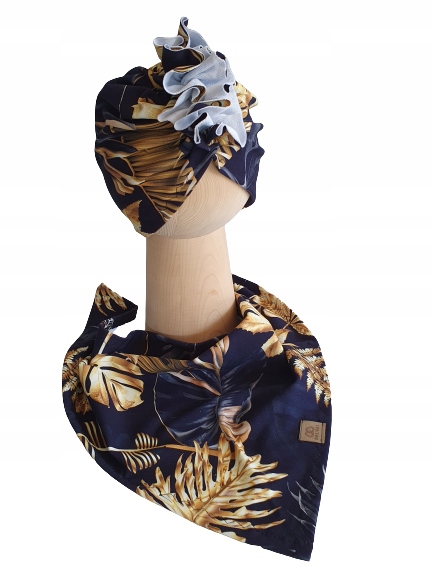 

Zestaw Czapka Turban + Chusta Złote Liście 48-51cm