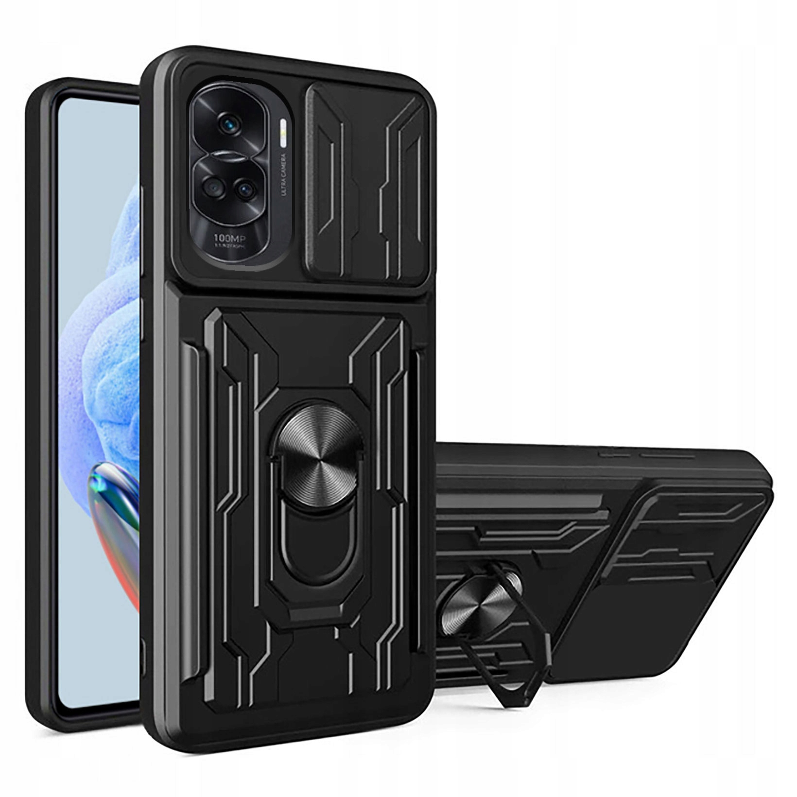 Etui do Honor 90 Lite RING PANCERNE NA KARTĘ + SZKŁO 9D NA CAŁY EKRAN Kolekcja CAMSHIELD WALLET