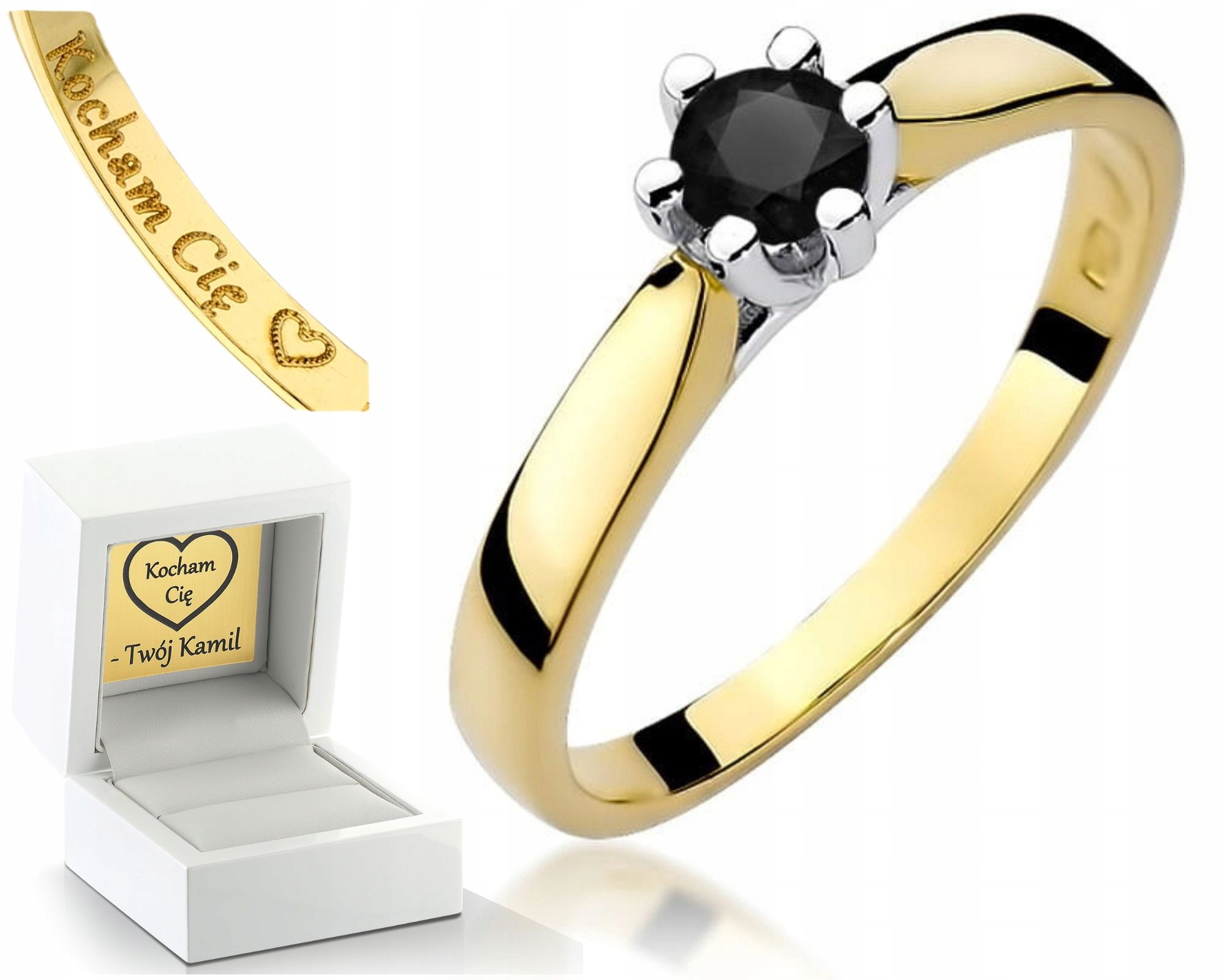 Žluté Zlato Prstýnek Na Zásnuby Černý Briliant Gravírování 585 Bonus