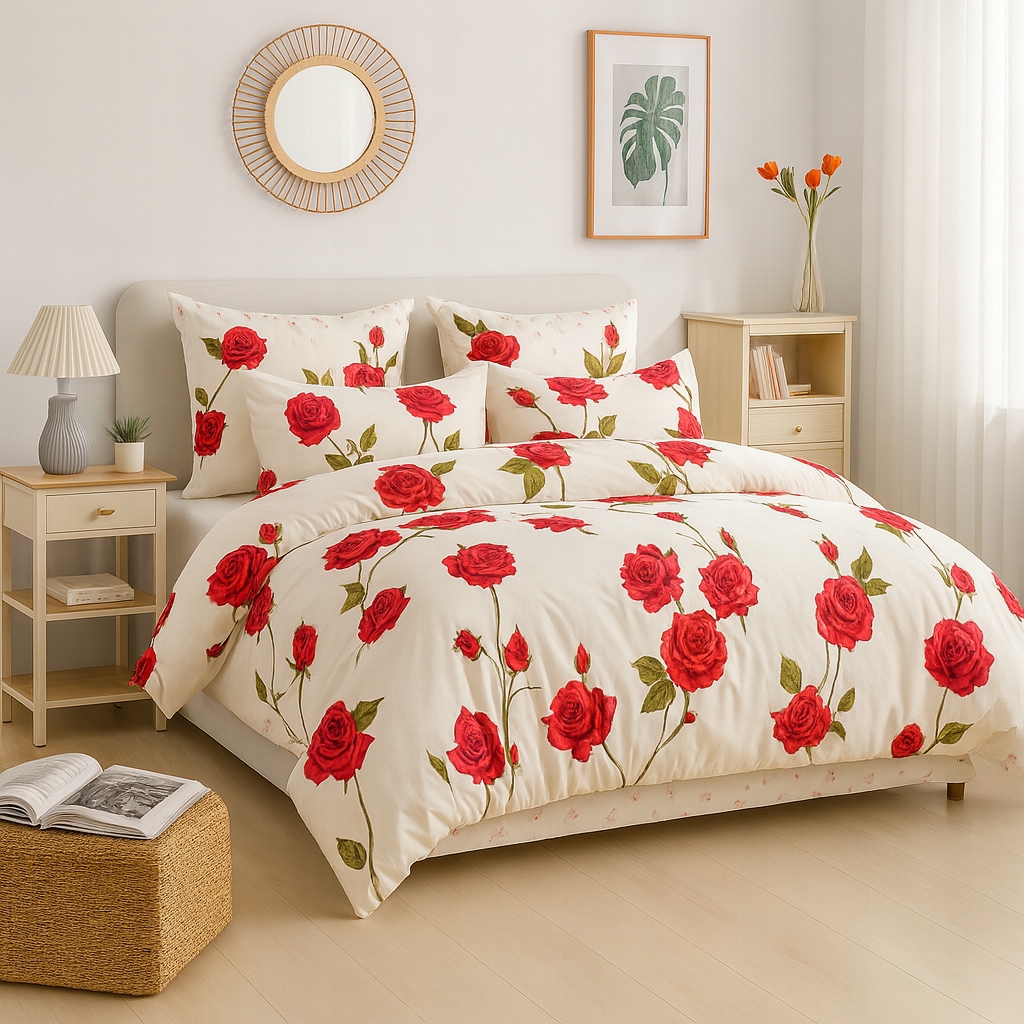 2dílná bavlněná sada ložního prádla s motivem bílých a červených růží 140x200 cm pro jednolůžko