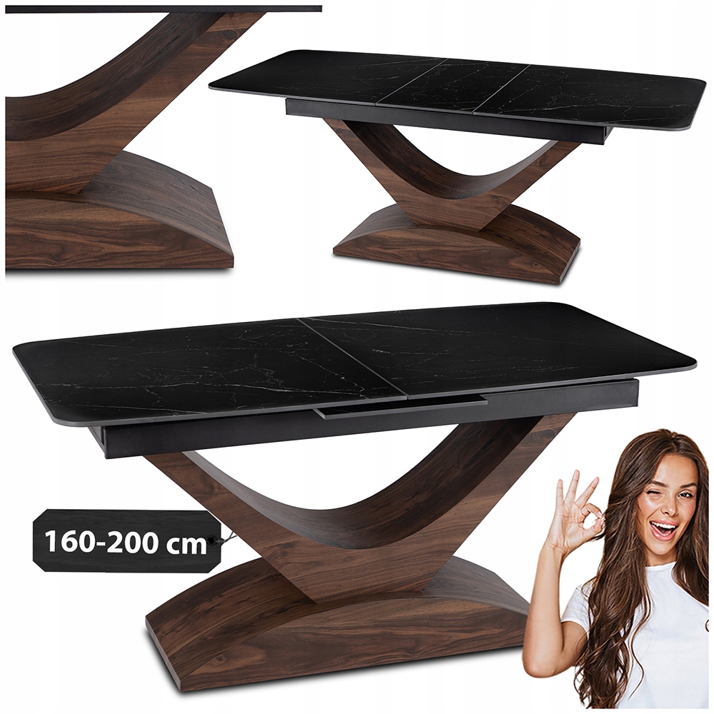 Stůl 160/200 rozkládací černý keramický do jídelny Umělý Kámen Na Bázi Křemene Alicante