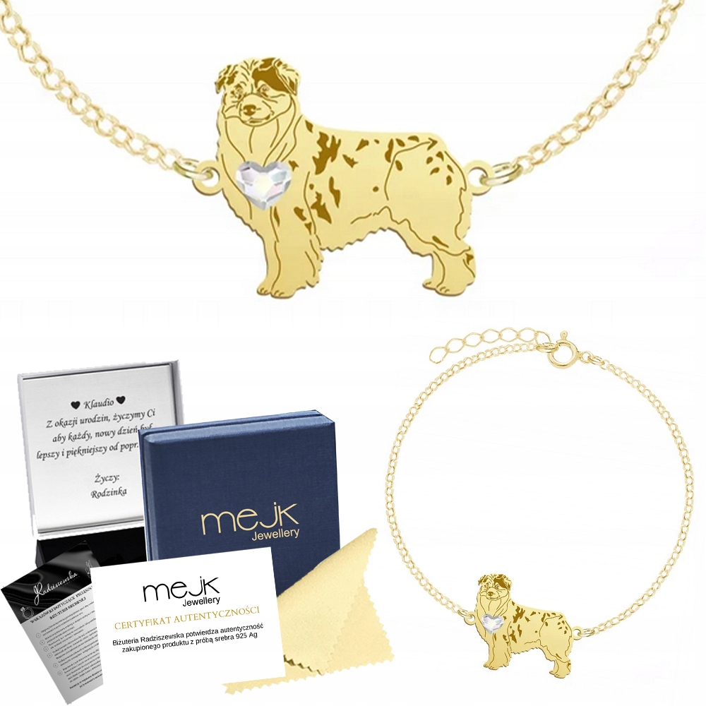 Zlatý náramek s psem Australský ovčák 925 Šperky Gravírování