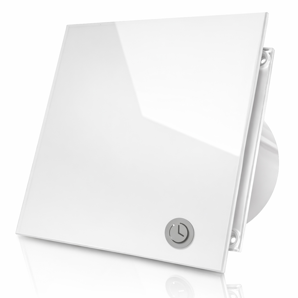 Koupelnový ventilátor 100 mm výkonný 100 m3/h tvrzené sklo časovač