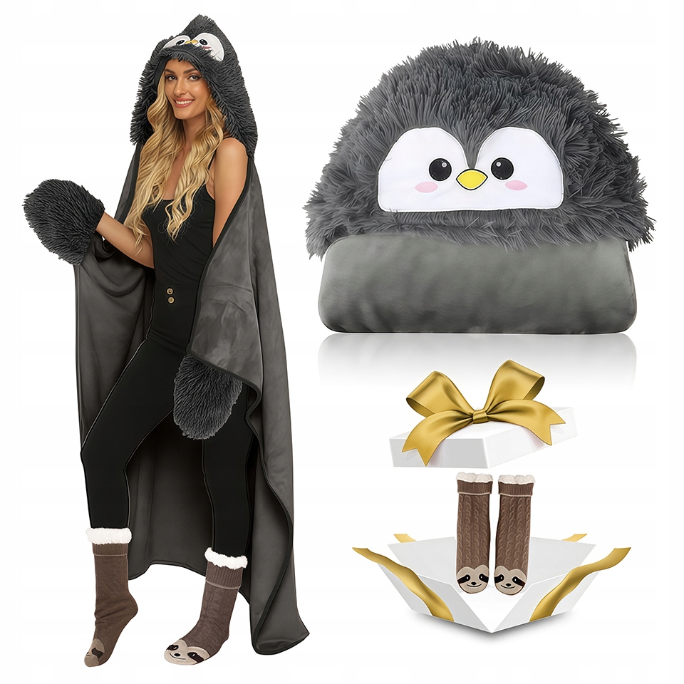 Deka S Kapucí A Rukávy Teplá Jako Dárek Grafitový Tučňák Přehoz