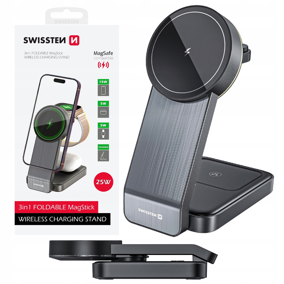 Ładowarka bezprzewodowa indukcyjna Swissten 25W telefon słuchawki zegarek