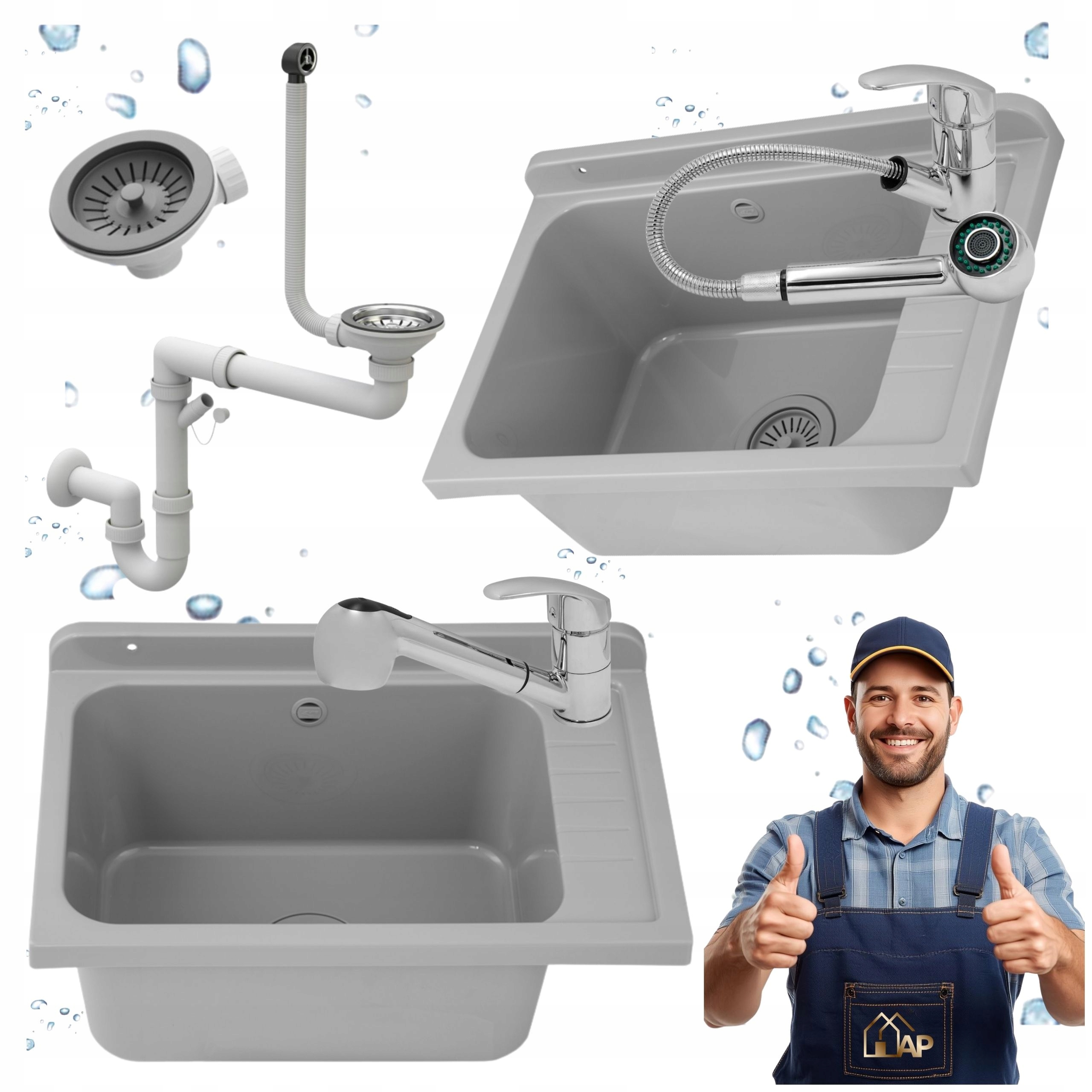 Pracovní komora Ekonomický dřez Šedá Baterie Vytahovací Chrom Sada