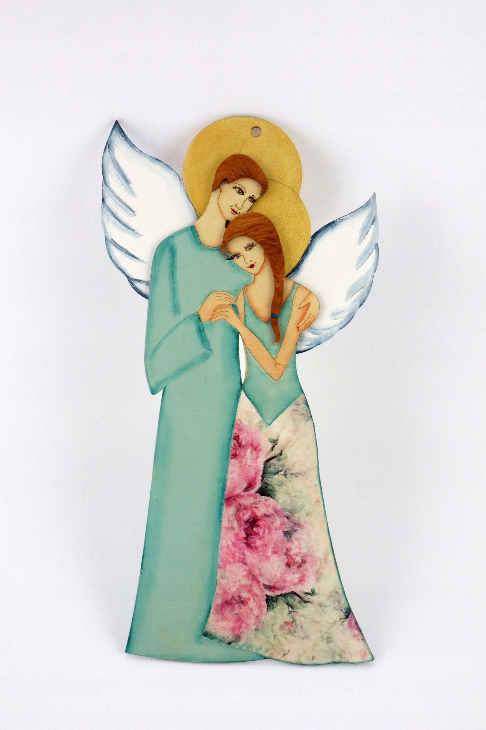 Dřevěný tyrkys Anděl pár Andělé květiny růže