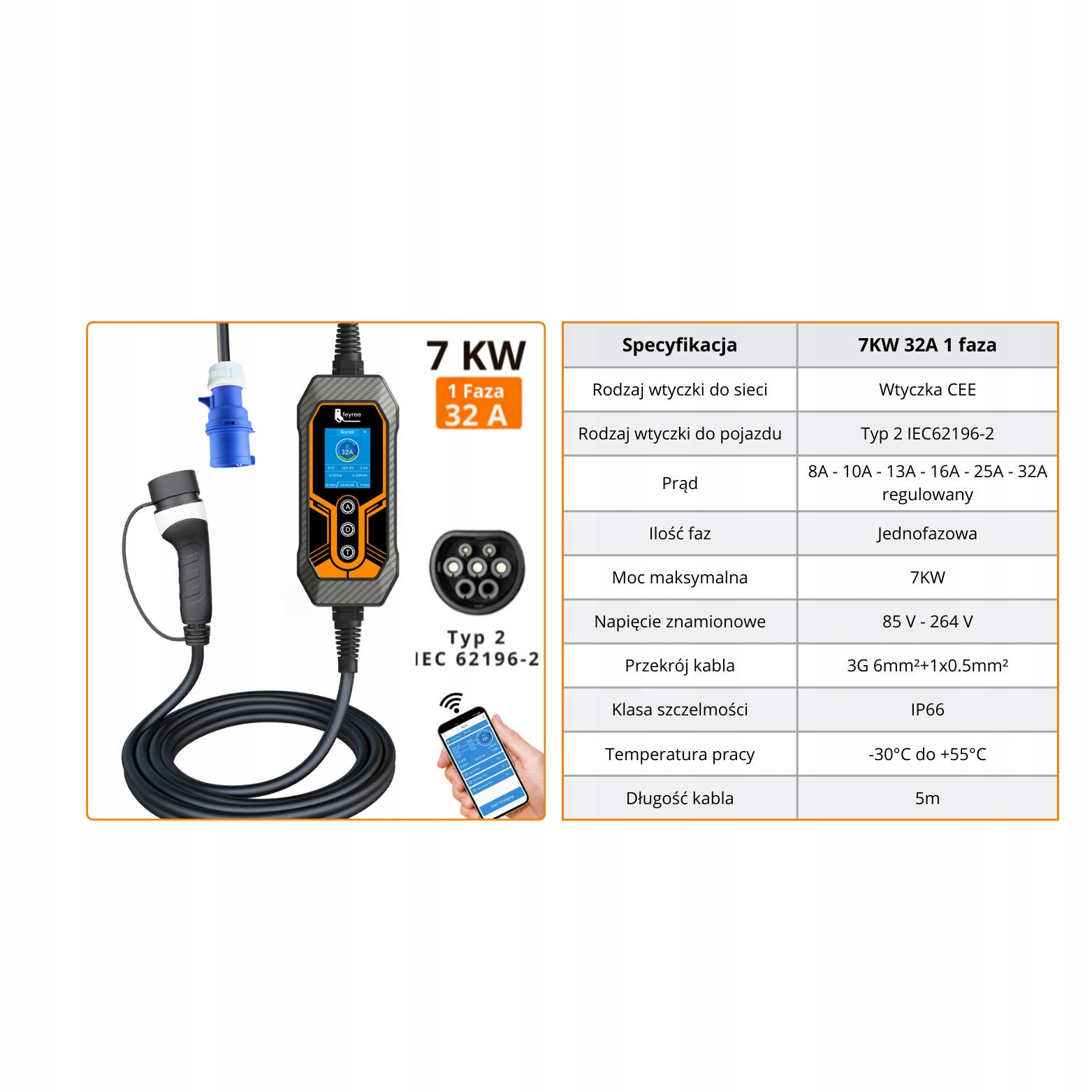 FEYREE Ładowarka auta elektrycznego EV moc 7KW typ 2 z regulacją prądu LCD Marka inna