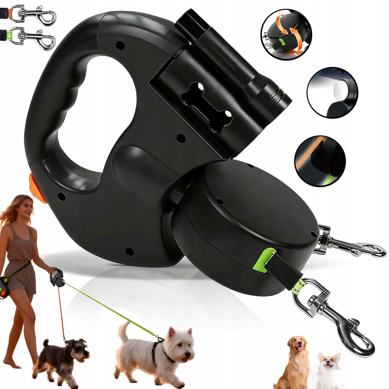 Vodítko Automatická Dvojitá Pro Psa Reflexní Páska Spacer 360° Nastavitelná