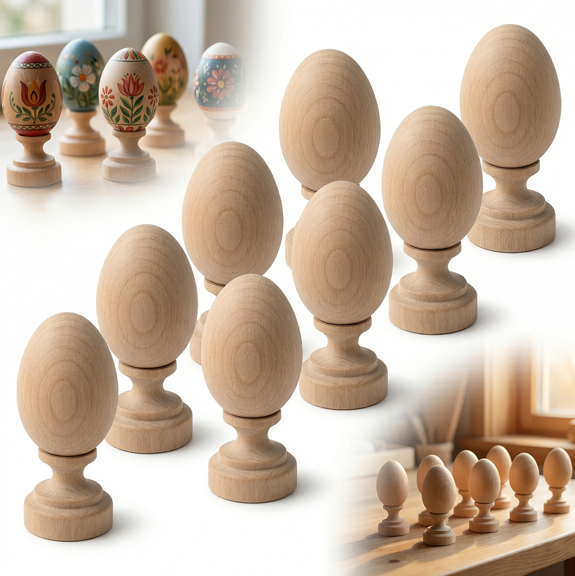 Sada 50 Bukových Kompletů vajíčko 6 cm podstavec 3,5 cm základna pro Decoupage