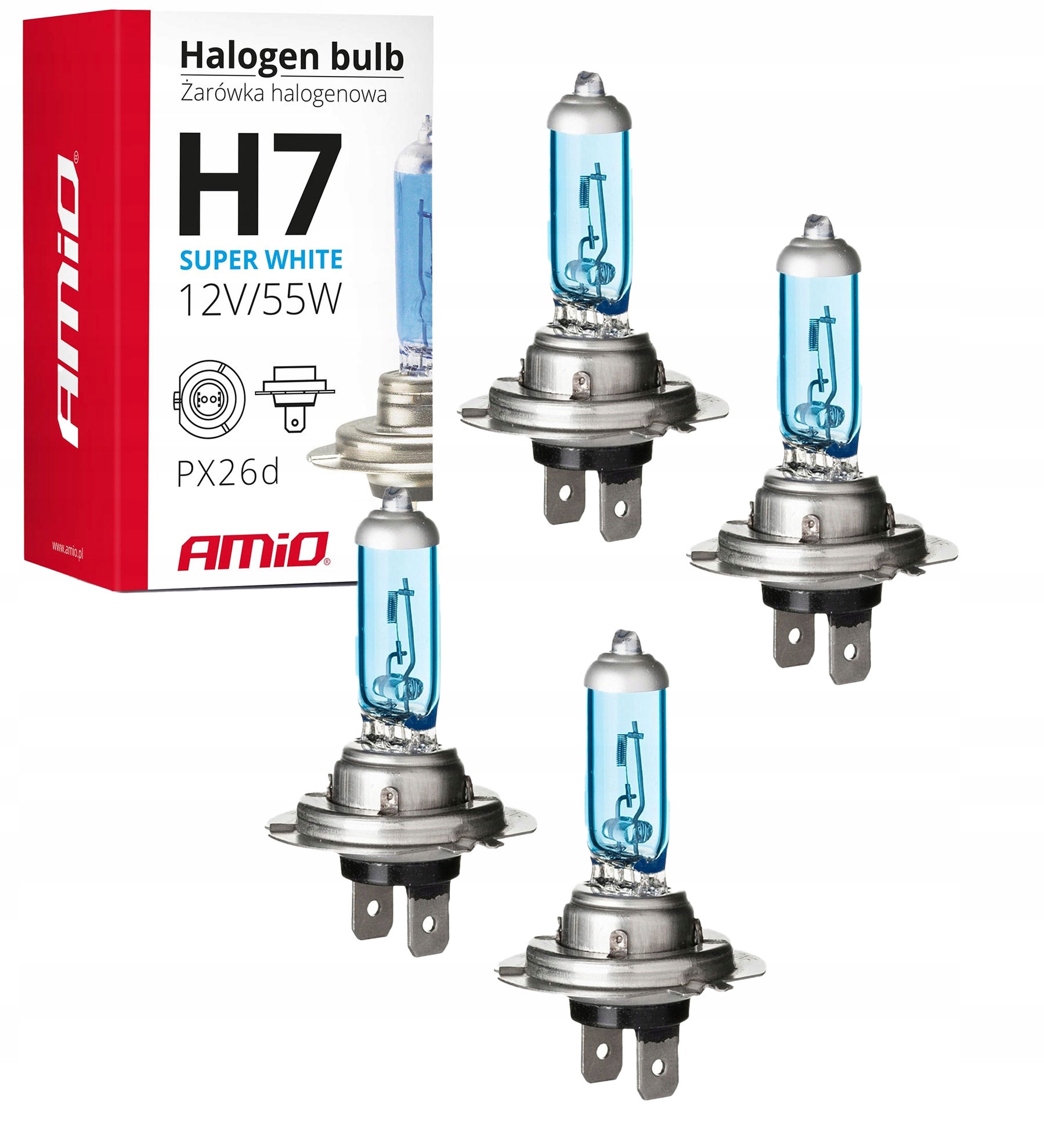Zestaw 4x Żarówka Samochodowa Amio White H7 55W