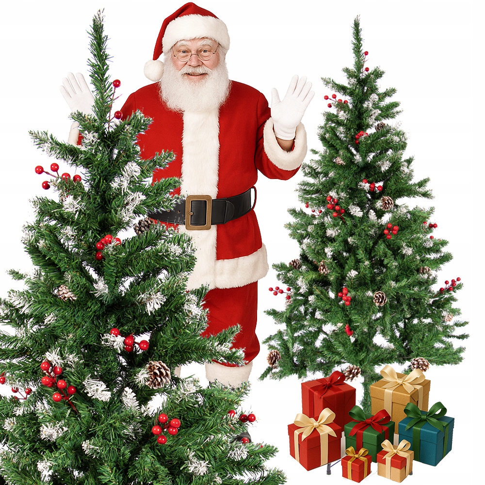 Hustý umělý vánoční stromek 150 cm s jeřabinami a šiškami, zasněžený na Vánoce