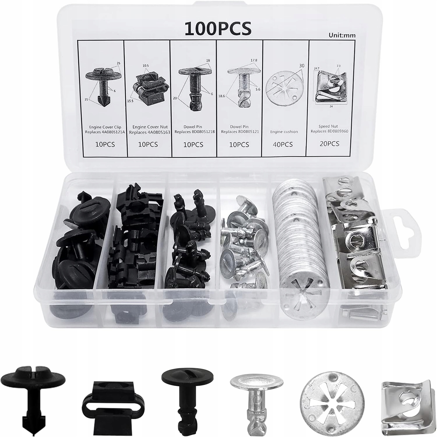 Spinki zapinki kołki samochodowe stalowe plastikowe zestaw 100 szt.