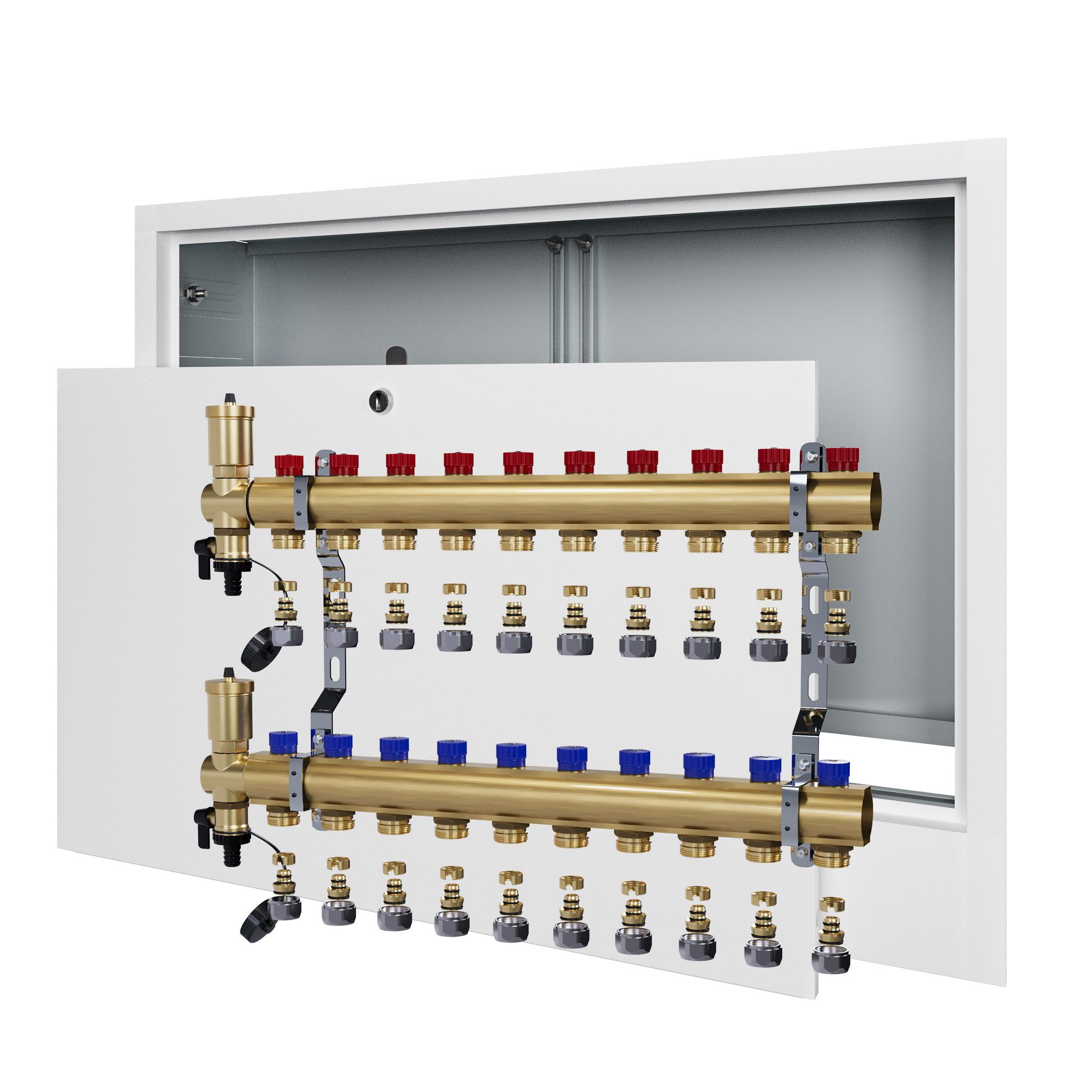 Manuální rozdělovač pro 10 radiátorových topení podomítková skříňka+Pex
