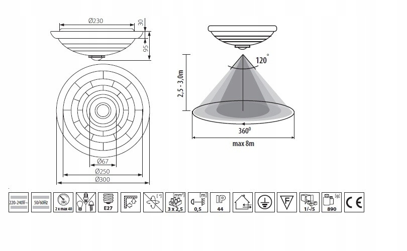 Plafoniera z czujnikiem Fogler DL-240O 2xE27 Zasilanie sieciowe