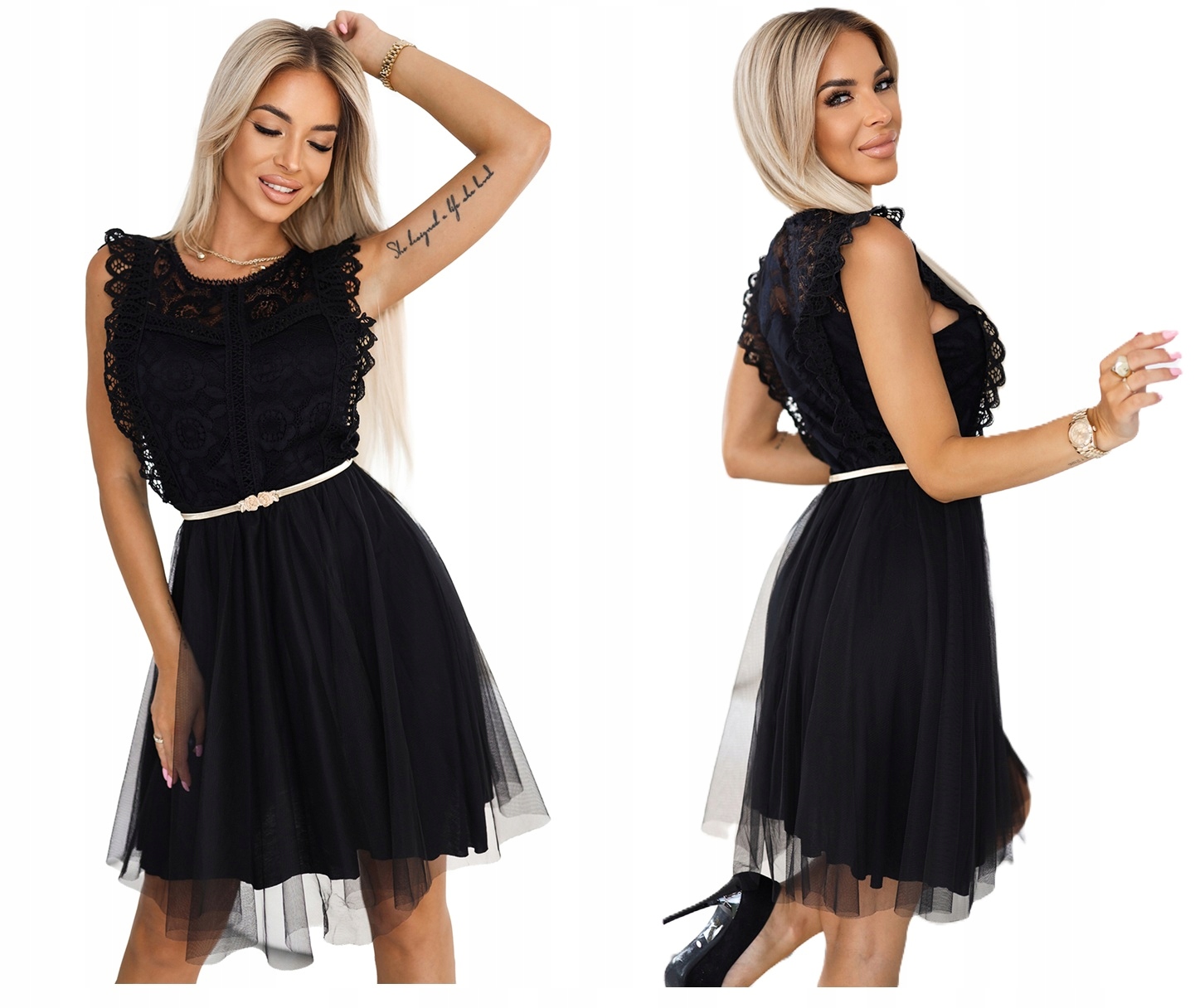 Krajková Šaty S Tylem A Zlatým Páskem vel. Univerzální Černá