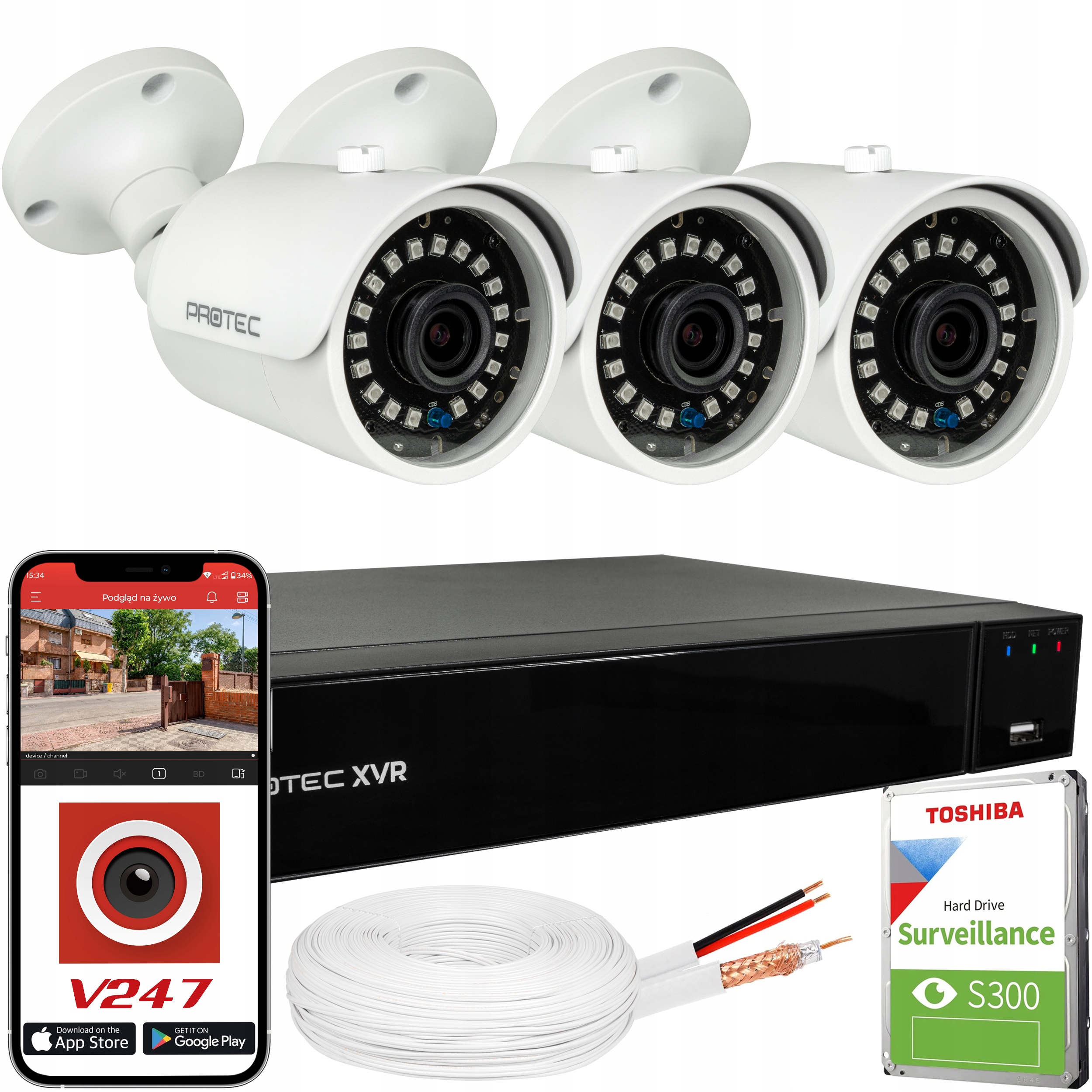 Zestaw do monitoringu 3 Kamery tubowe 4K 8MPX Białe Uhd Zewnętrzne 1TB