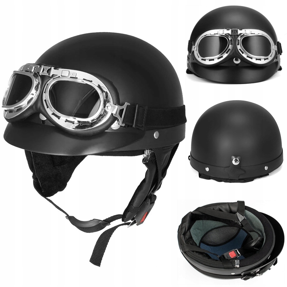 Kask Motocyklowy Orzeszek Skóra Hełm Retro Gogle Zestaw Czarny
