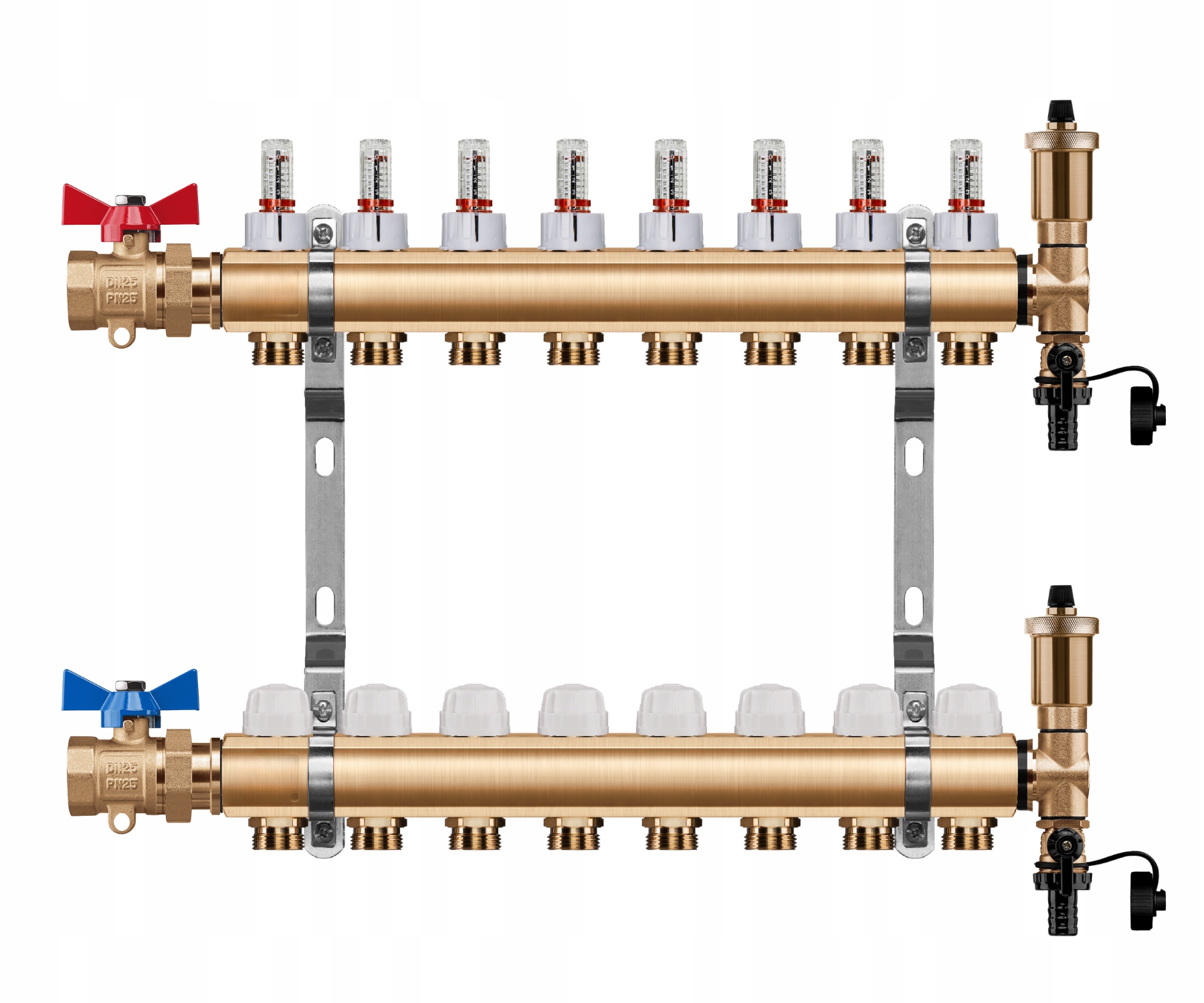 Rozdělovač Podlahového Vytápění 8 Okruhů Rovný Kulový Ventil Pex