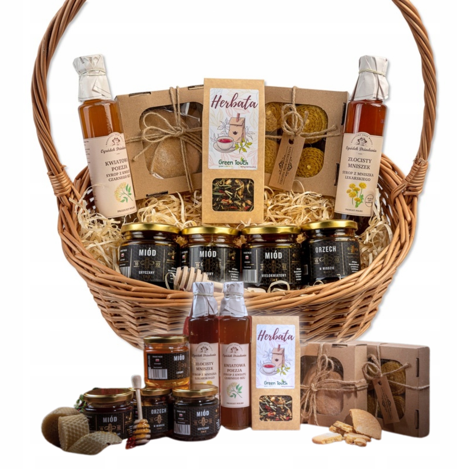 Kosz Prezentowy Duży Wiklinowy Zestaw Herbata Miody Syropy Urodziny