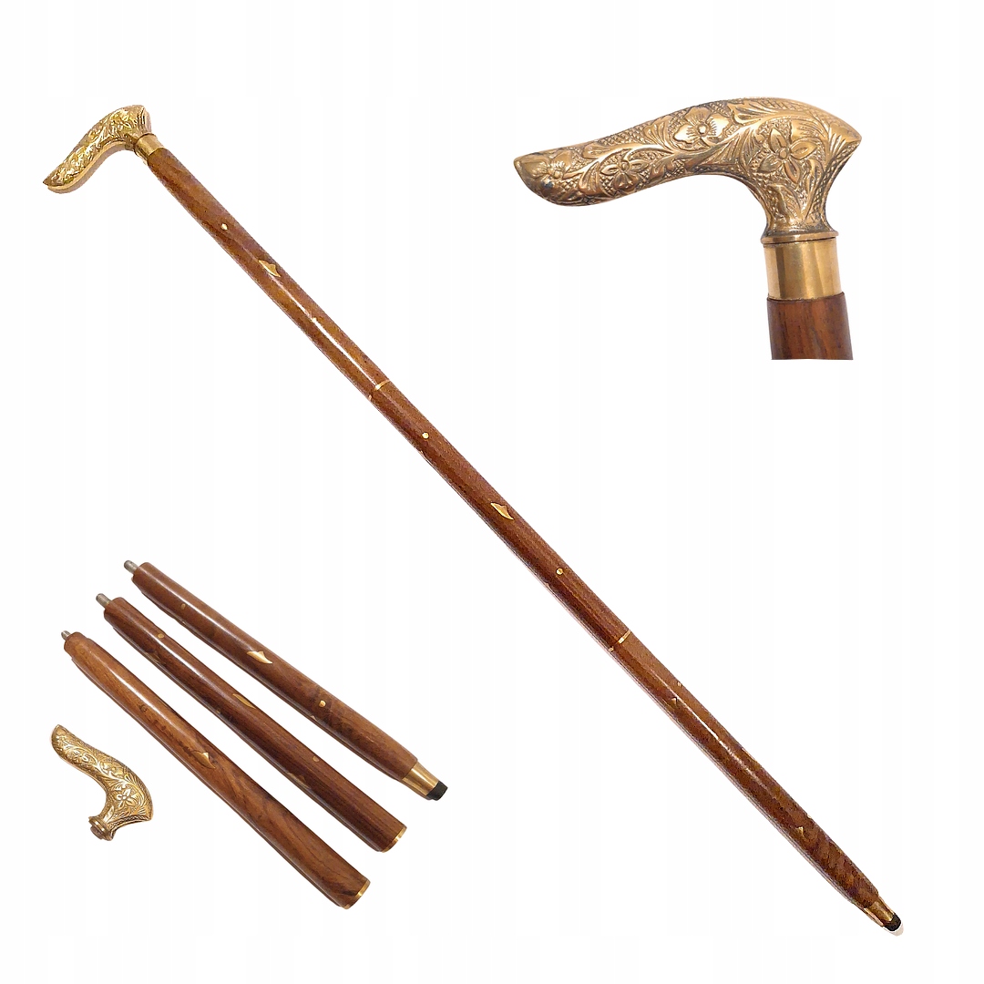 Laska Drewniana Z Mosiężnymi Elementami Vintage Dla Dziadka Taty Składana