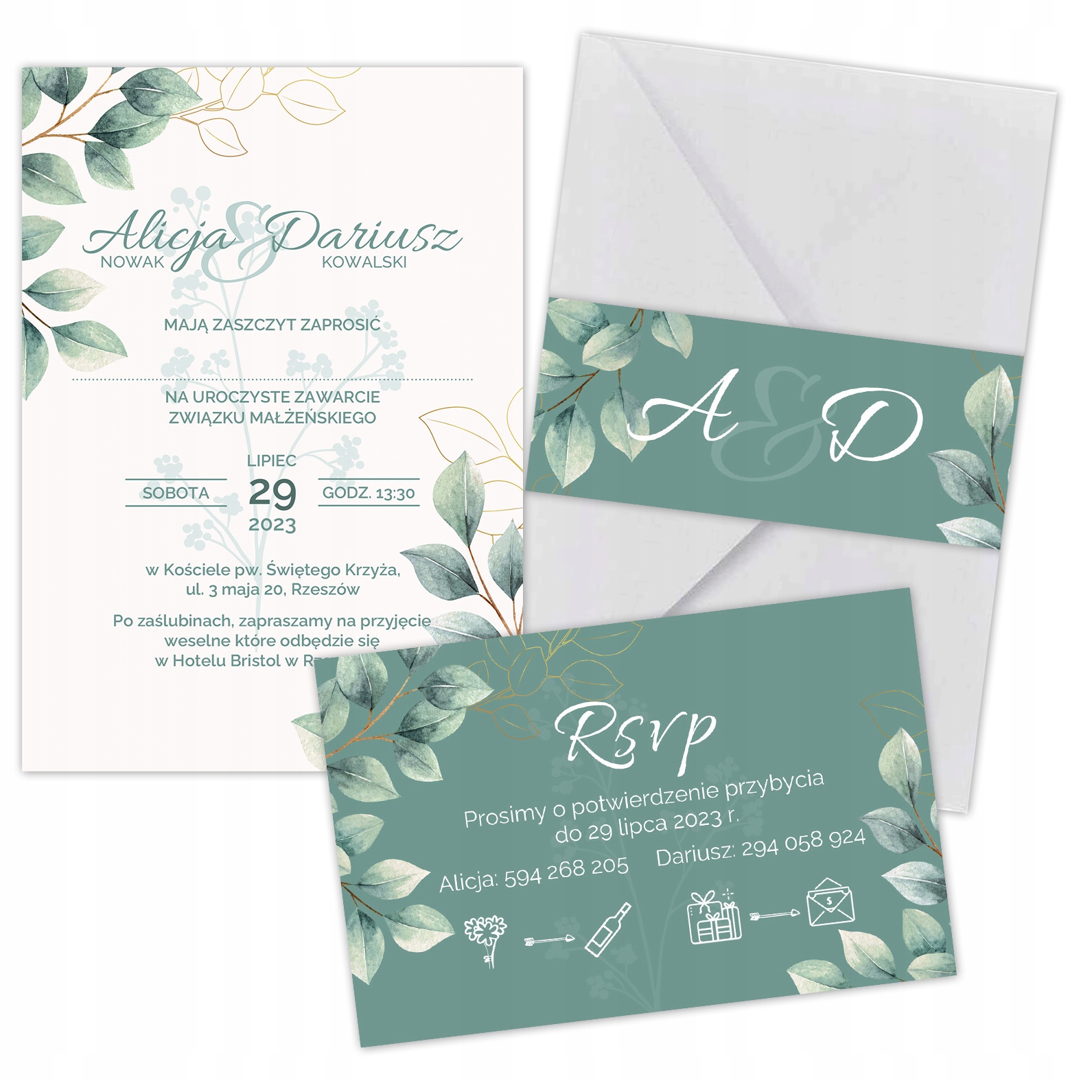 ZAPROSZENIE ŚLUBNE RSVP KOPERTA OPASKA ZIELONE Z2