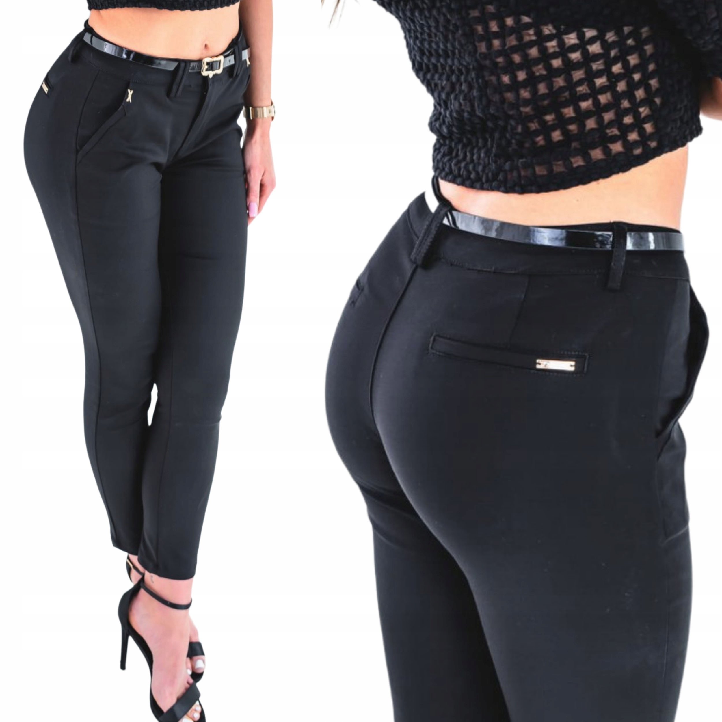Czarne spodnie damskie materiałowe cygaretki z paskiem Xs