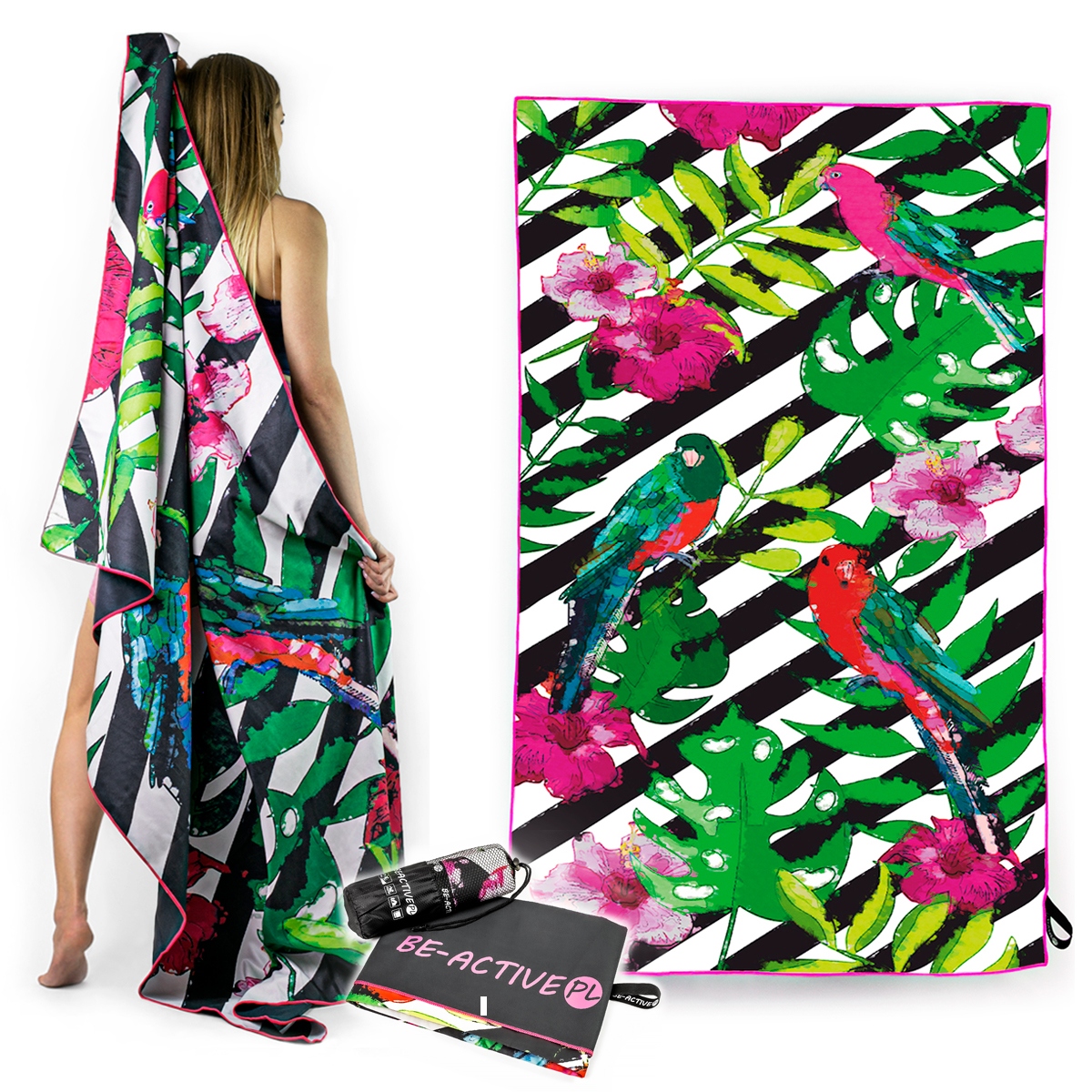 RĘCZNIK SZYBKOSCHNĄCY Z MIKROFIBRY SPORTOWY NA BASEN PLAŻOWY DUŻY KĄPIELOWY Kod producenta RP - PAPUGI 130x80