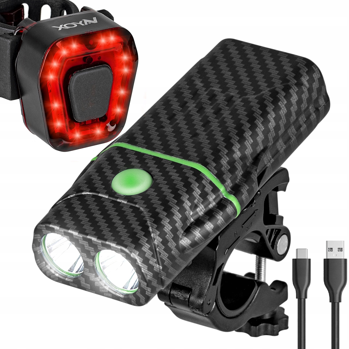 ZESTAW LAMPKA ROWEROWA PRZÓD TYŁ LED USB AKU VAYOX