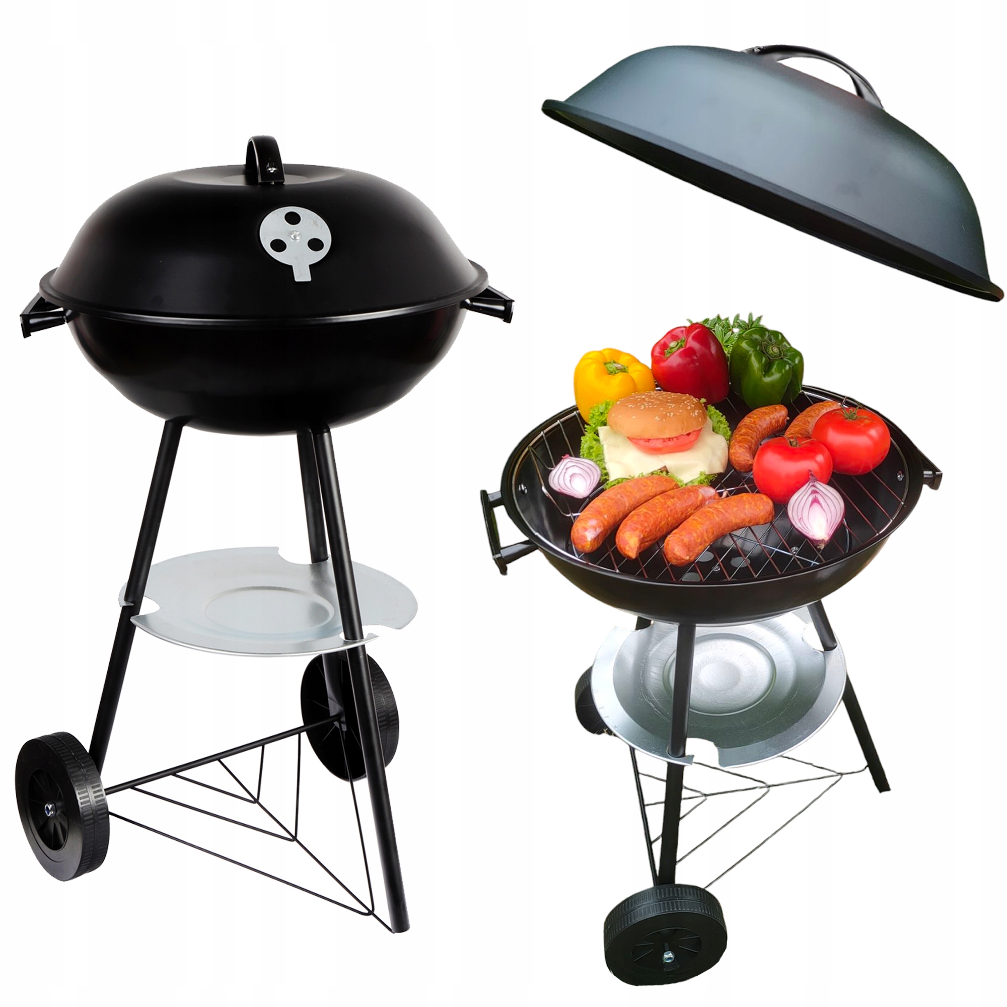 Grill węglowy ogrodowy Bbq duży z przykrywą i popielnikiem na kołach