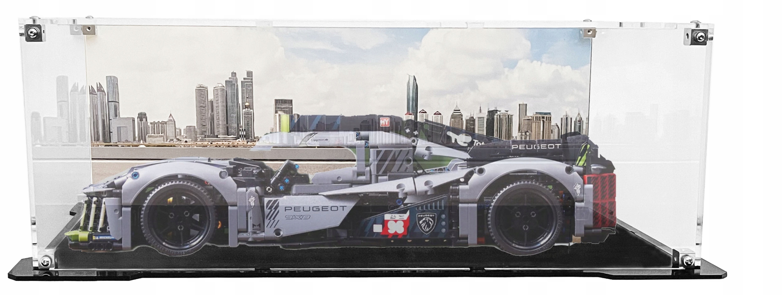 Vitrína s černou základnou a pozadím pro sadu Lego 42156 Technic Peugeot 9X8