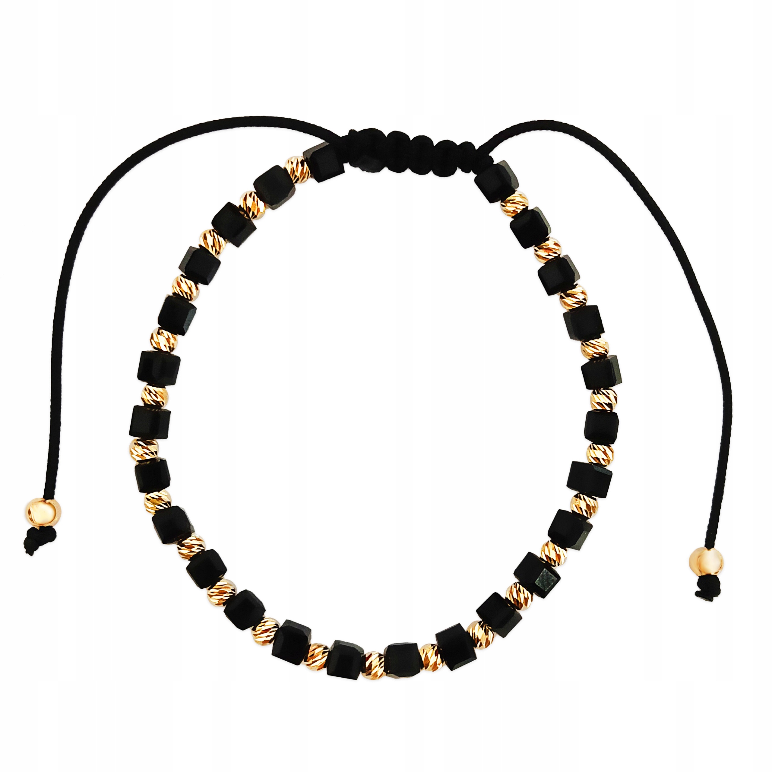 Zlatý náramek 585, černý provázek, diamantové kuličky, čtverce 19 cm