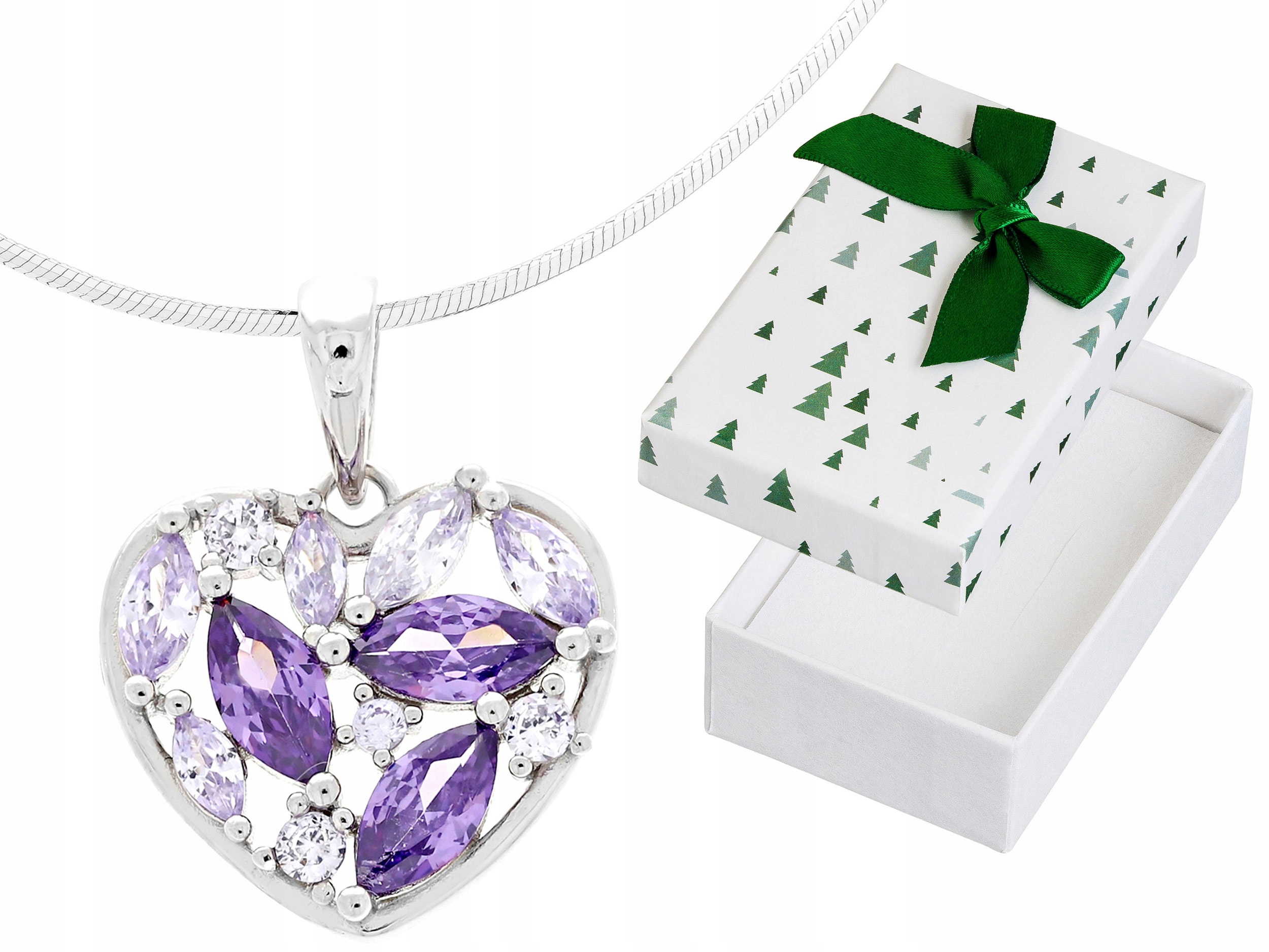 Dlouhý stříbrný dámský náhrdelník Srdce s fialovými zirkony Stříbro 60 cm