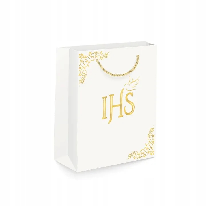 Torebka prezentowa na komunię IHS biała 20x15cm Okazje komunia