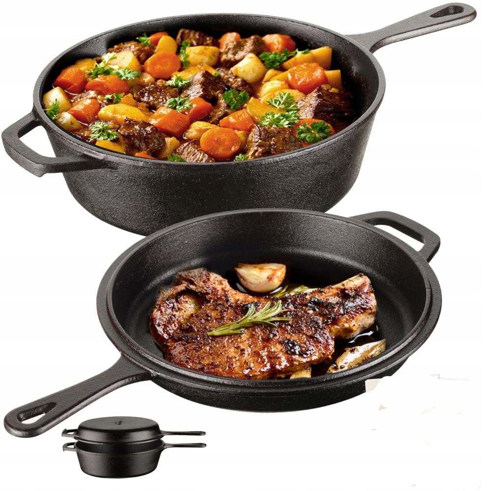 Żeliwny garnek z funkcją patelni OVERMONT 3L + 1.4L pokrywka