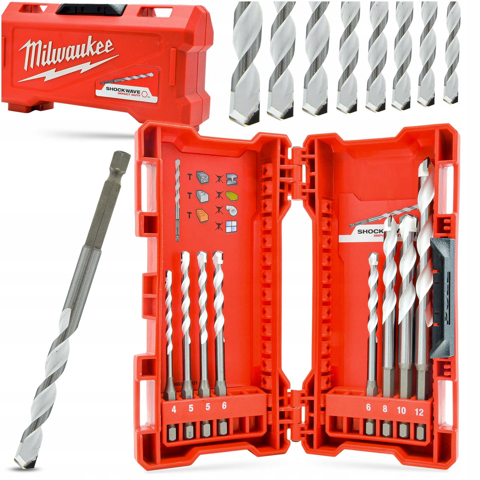 Sada příklepových vrtáků Milwaukee Hex 1/4 4 až 12 mm 8 ks, univerzální