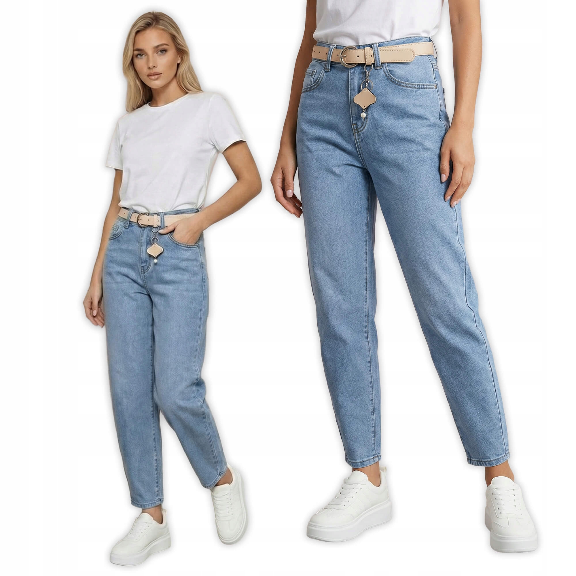 Spodnie jeans damskie M.Sara Balloon z paskiem wysoki stan J.Niebieskie XL