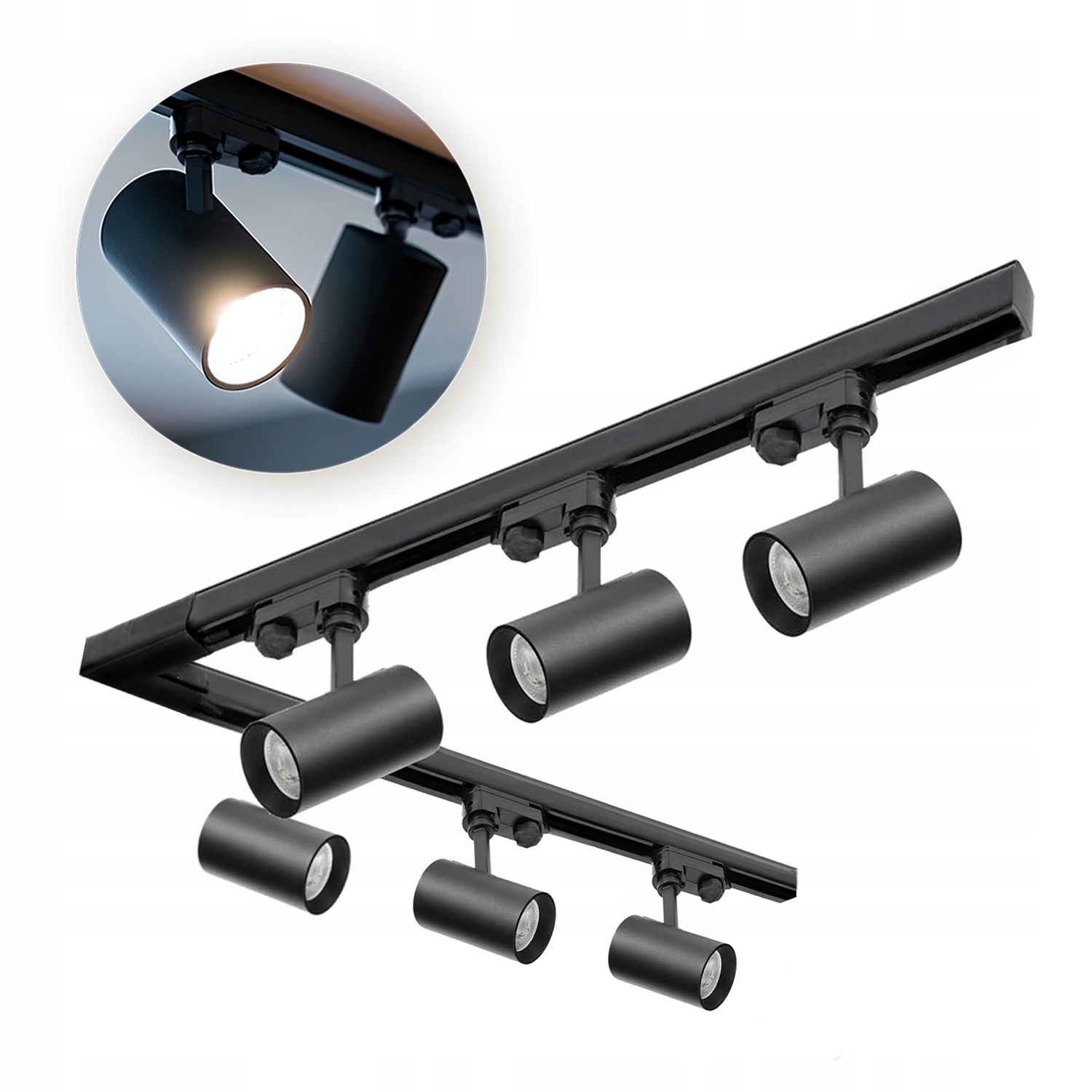 3-fázový kolejnicový systém 1m+1m, L pravý, 6x reflektor na GU10 Černý