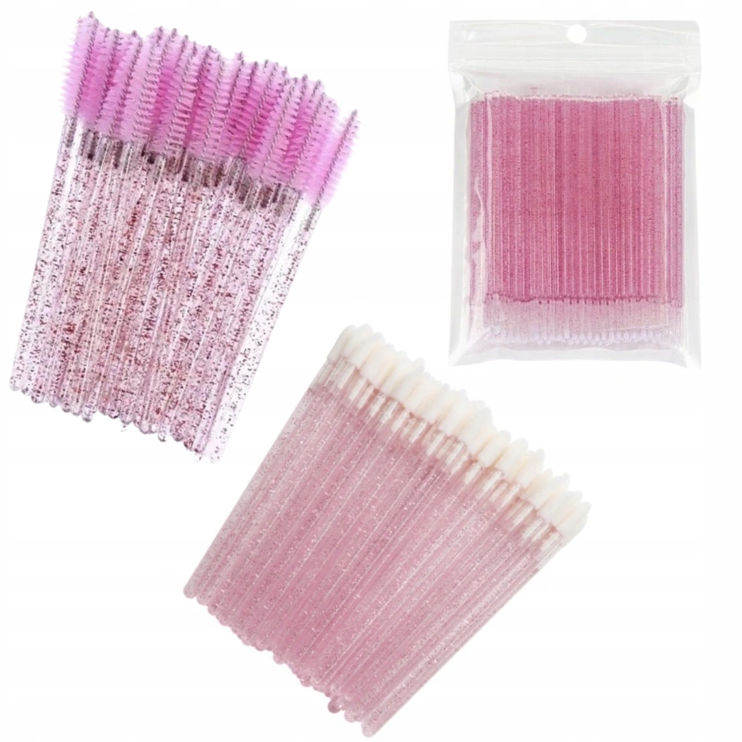 Szczoteczki, Aplikatory Welurowe i Microbrush do rzęs Różowe Brokat zestaw