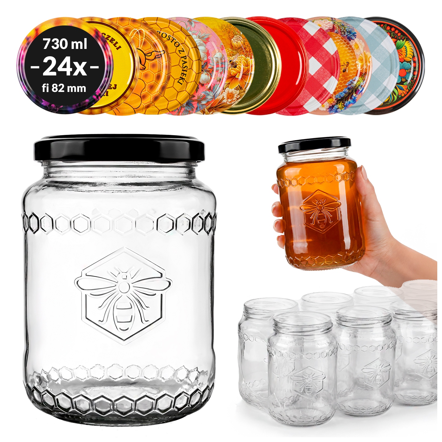 24 x Skleněné sklenice na med zavařeniny povidla džemy 730 ml uzávěry 82 ml