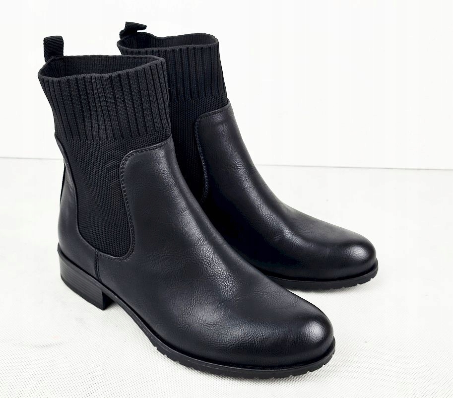 CZARNE PŁASKIE ELASTYCZNE BOTKI BUTY SZTYBLETY 37 Rodzaj obcasa płaski obcas