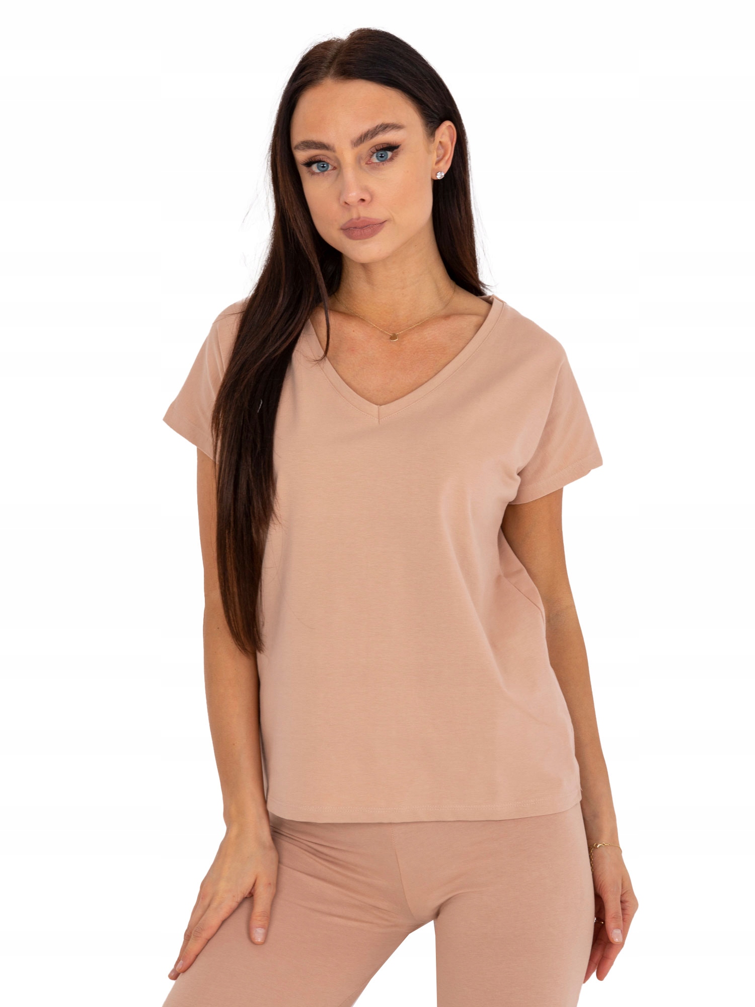 

Luźny Damski T-shirt basic z dekoltem w serek - M