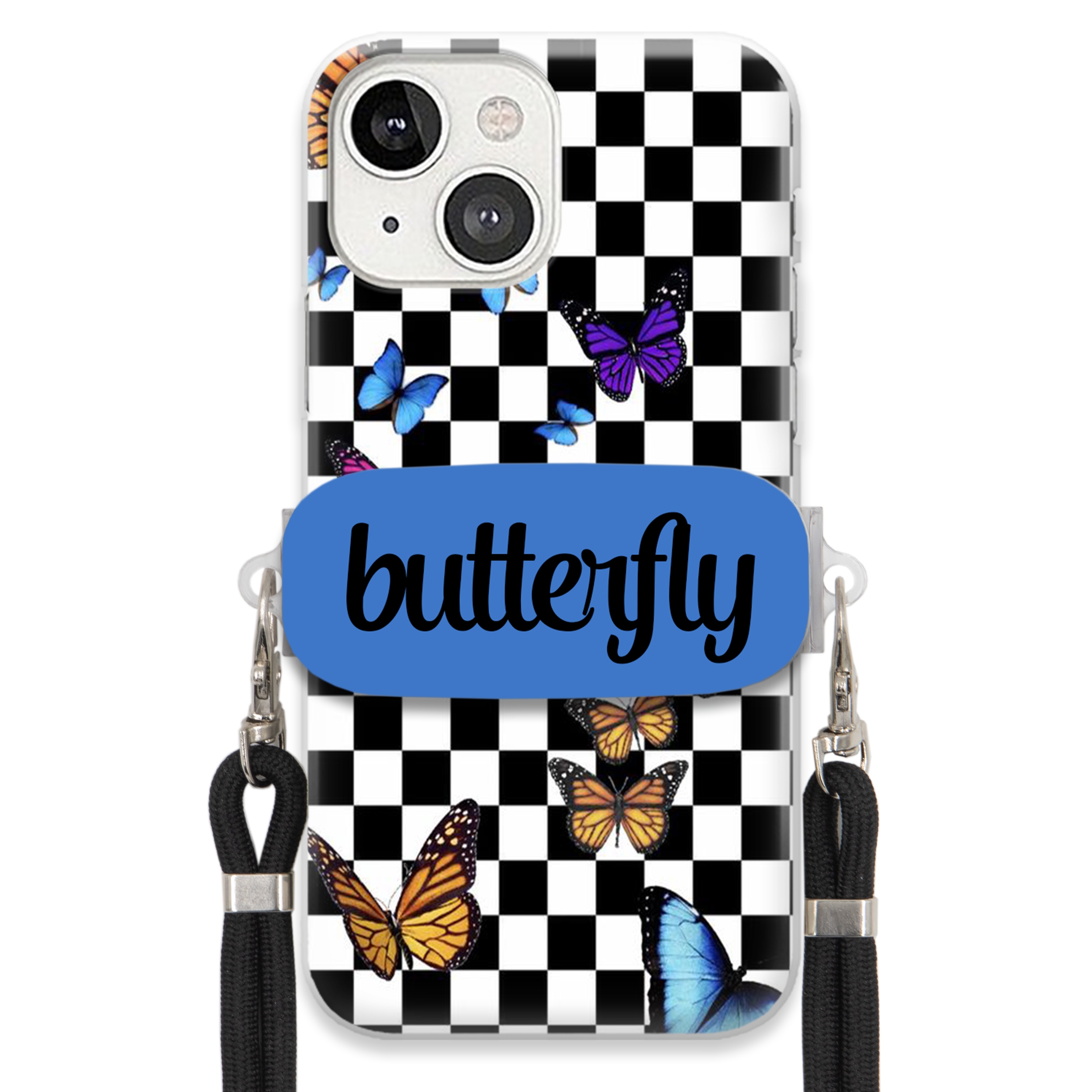 Puzdro Pre iPHONE 13 Case Držiak Obdĺžnikový Čierny Vodítko Butterfly Motýle