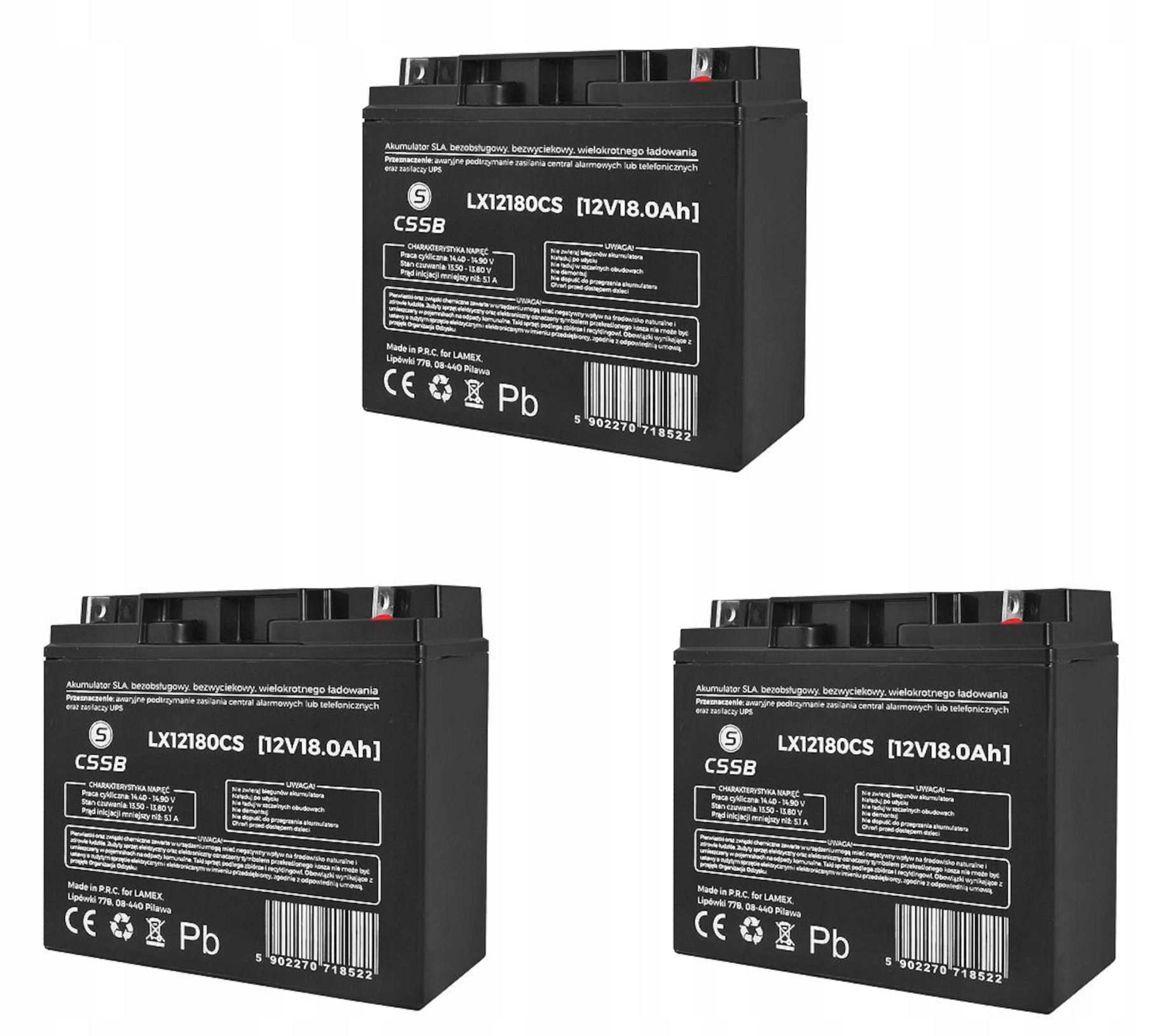 3x Akumulátor Agm 12V 18Ah Cssb (rozměr 17Ah 20Ah) Ups solární alarm na kolo