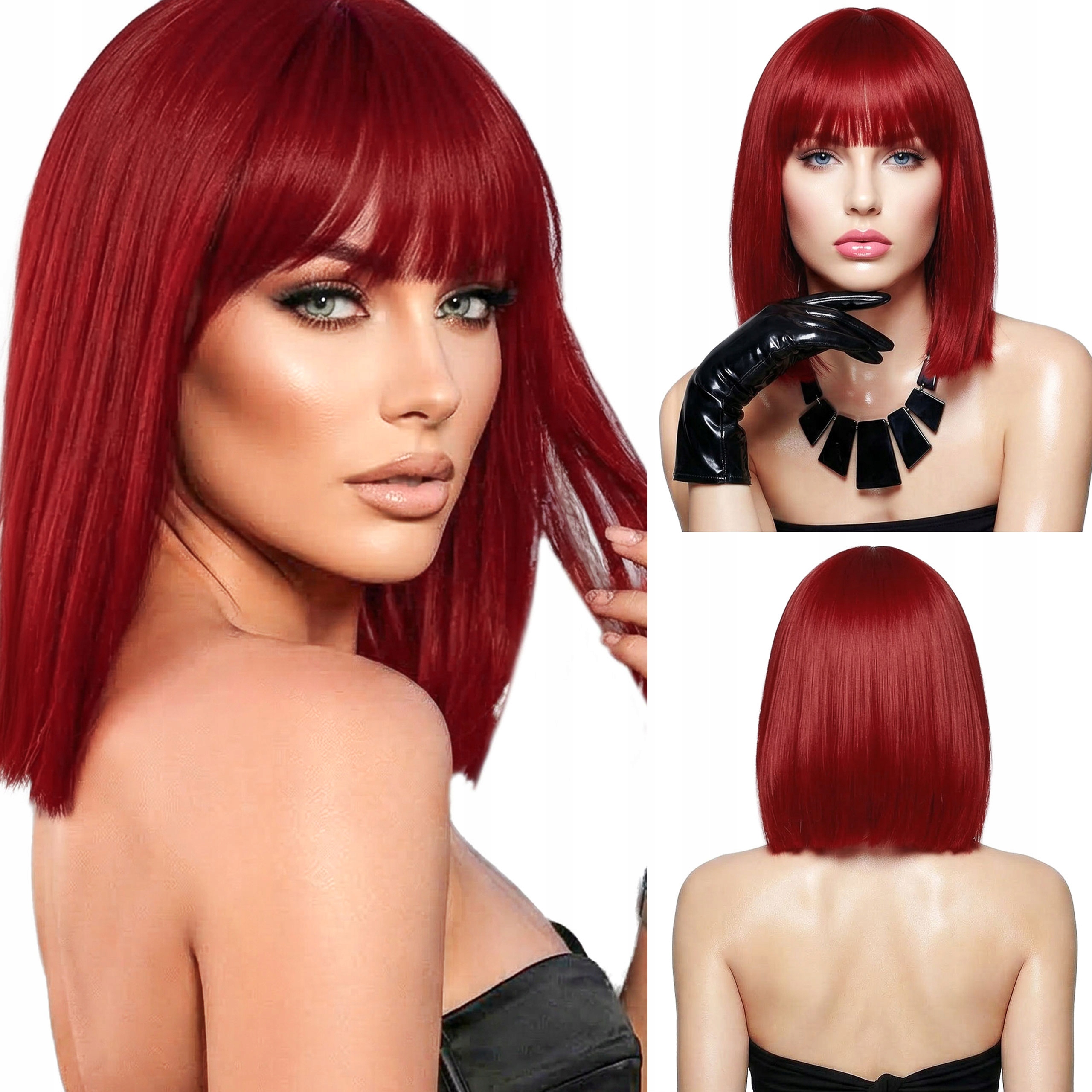 Paruka s ofinou Umělé vlasy polodlouhá rovná červená bob čepička