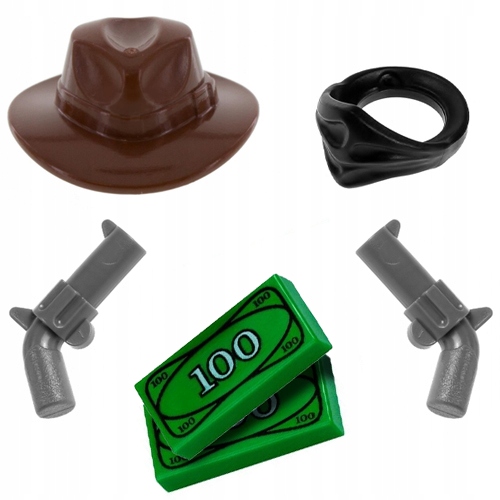 

Lego zestaw, kapelusz, rewolwery, pieniądze